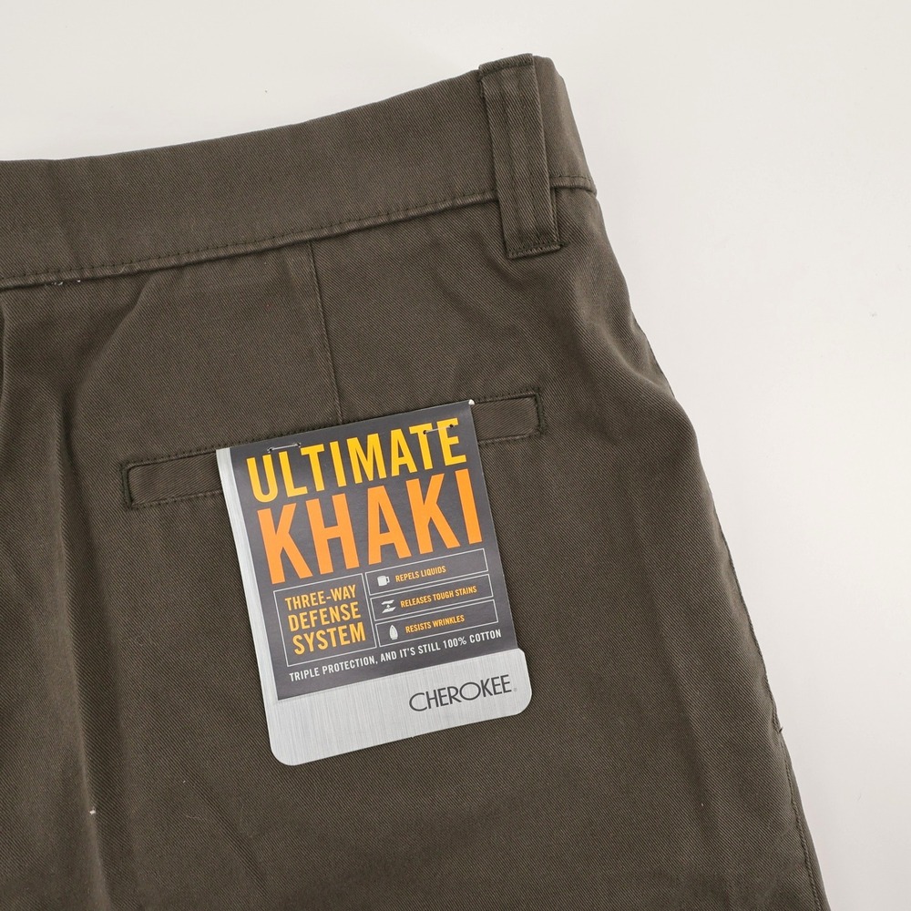 NEW Cherokee Ultimate Khaki Pleated Nano-Tex Shorts Olive Green‎ Mens Size 36